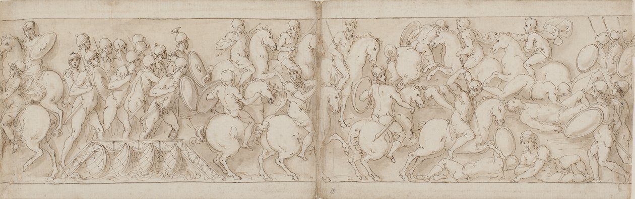 Marc Aurèle part sur un quai avec infanterie et cavalerie (CVIII); les Sarmates sont repoussés par les Romains avancés (CIX) - Giovanni Guerra