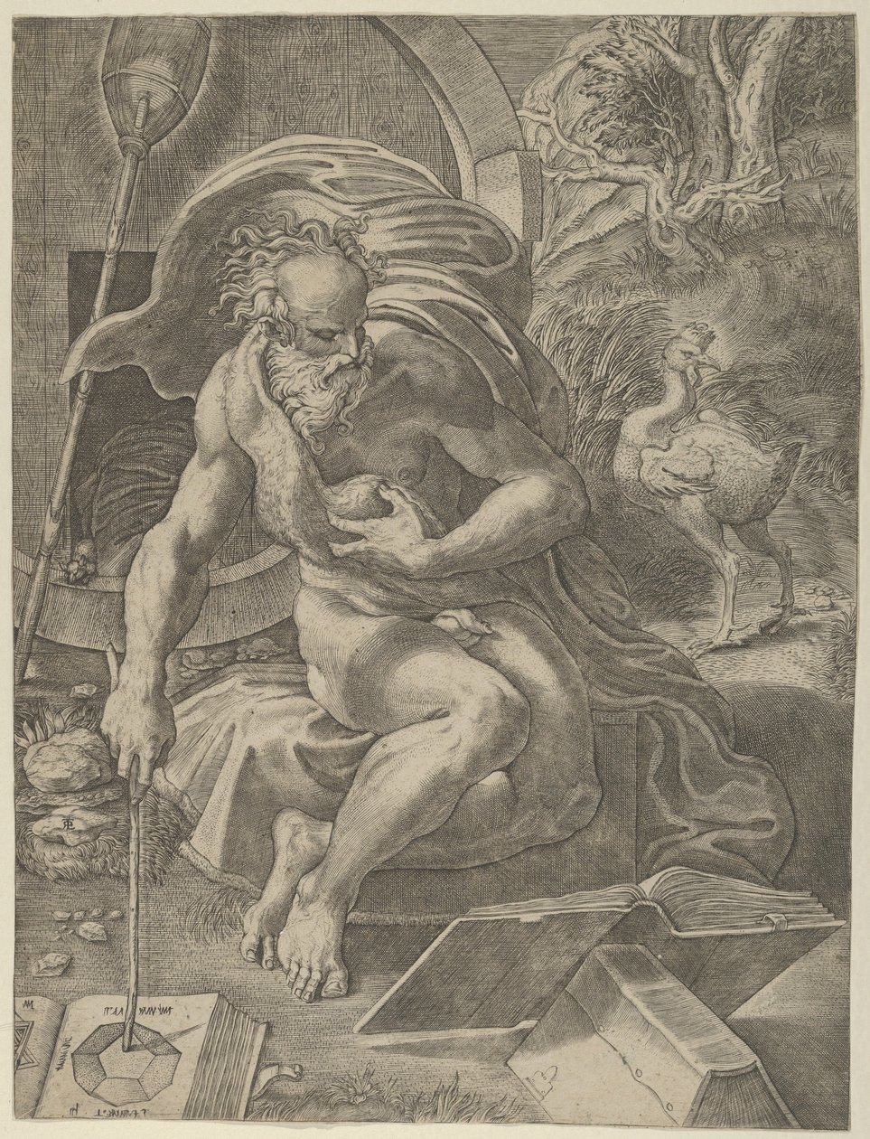 Diogène assis avec son tonneau derrière lui, lisant un livre en tenant un bâton, vers 1526-27 - Giovanni Jacopo Caraglio