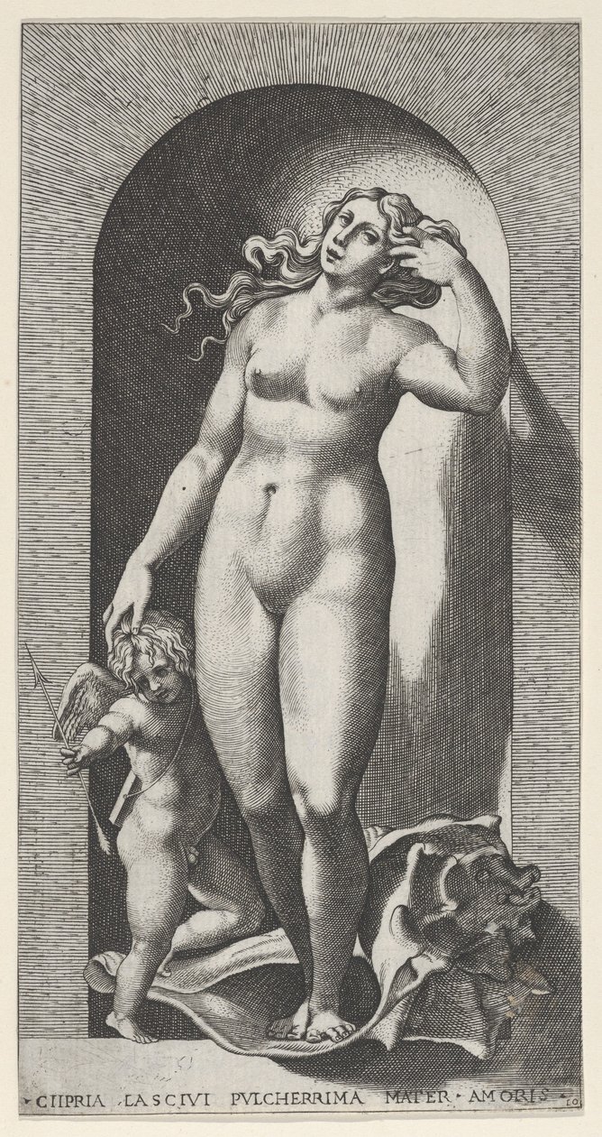 Planche 10 : Vénus dans une niche, debout sur une coquille, avec Cupidon à sa droite, d