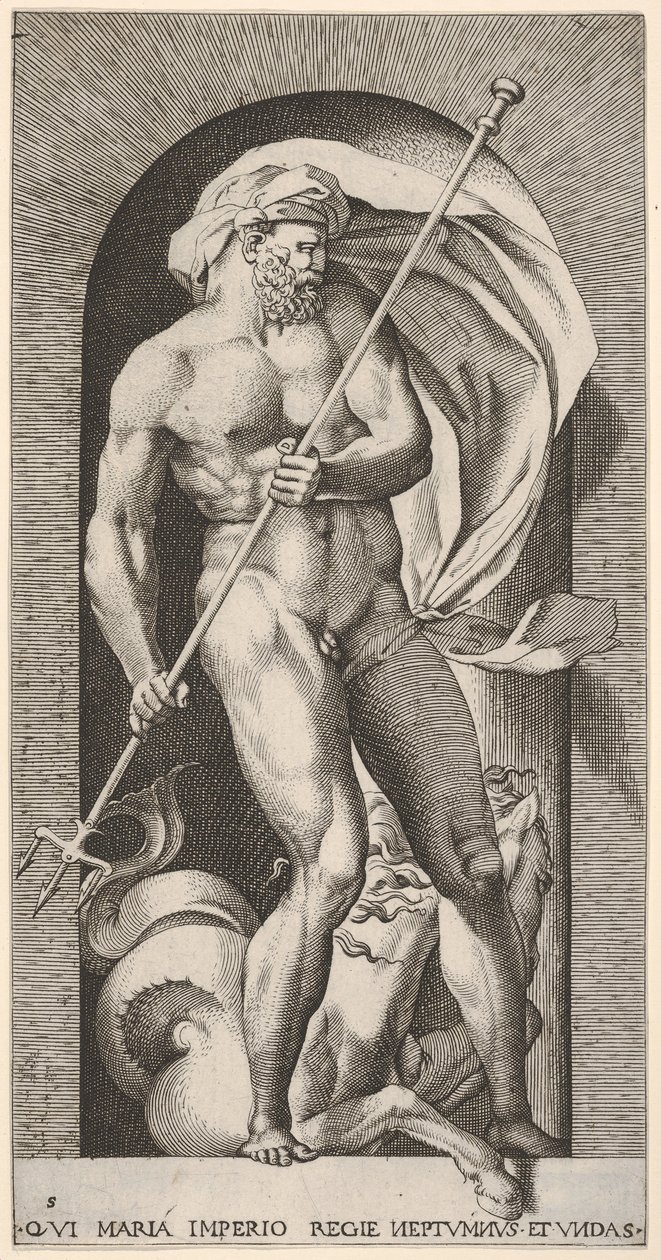 Neptune debout dans une niche tenant un trident, avec un hippocampe - Giovanni Jacopo Caraglio
