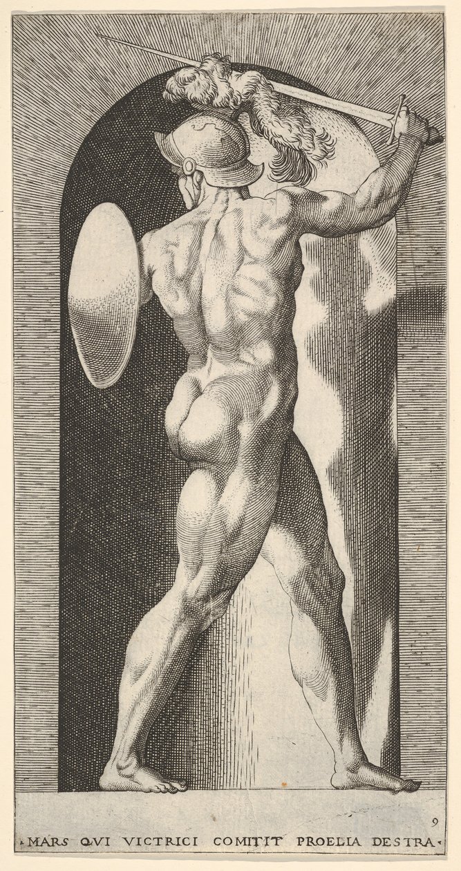 Planche 9 : Mars dans une niche, tenant une épée au-dessus de sa tête avec son bras droit, et un bouclier, 1526 - Giovanni Jacopo Caraglio