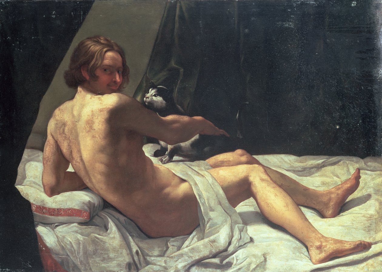 Jeune homme allongé sur un lit avec un chat - Giovanni Lanfranco
