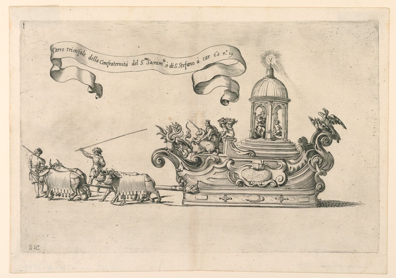 Un char de parade à Reggio, Italie: "Carro trionfale della Confraternità del S.to Sacrame.to di S. Stefano" (Le char triomphal de la Confrérie du Saint-Sacrement de Saint-Étienne). Planche 2a de A. Isacchi, "Relatione di Alfonso Isachi intorno l