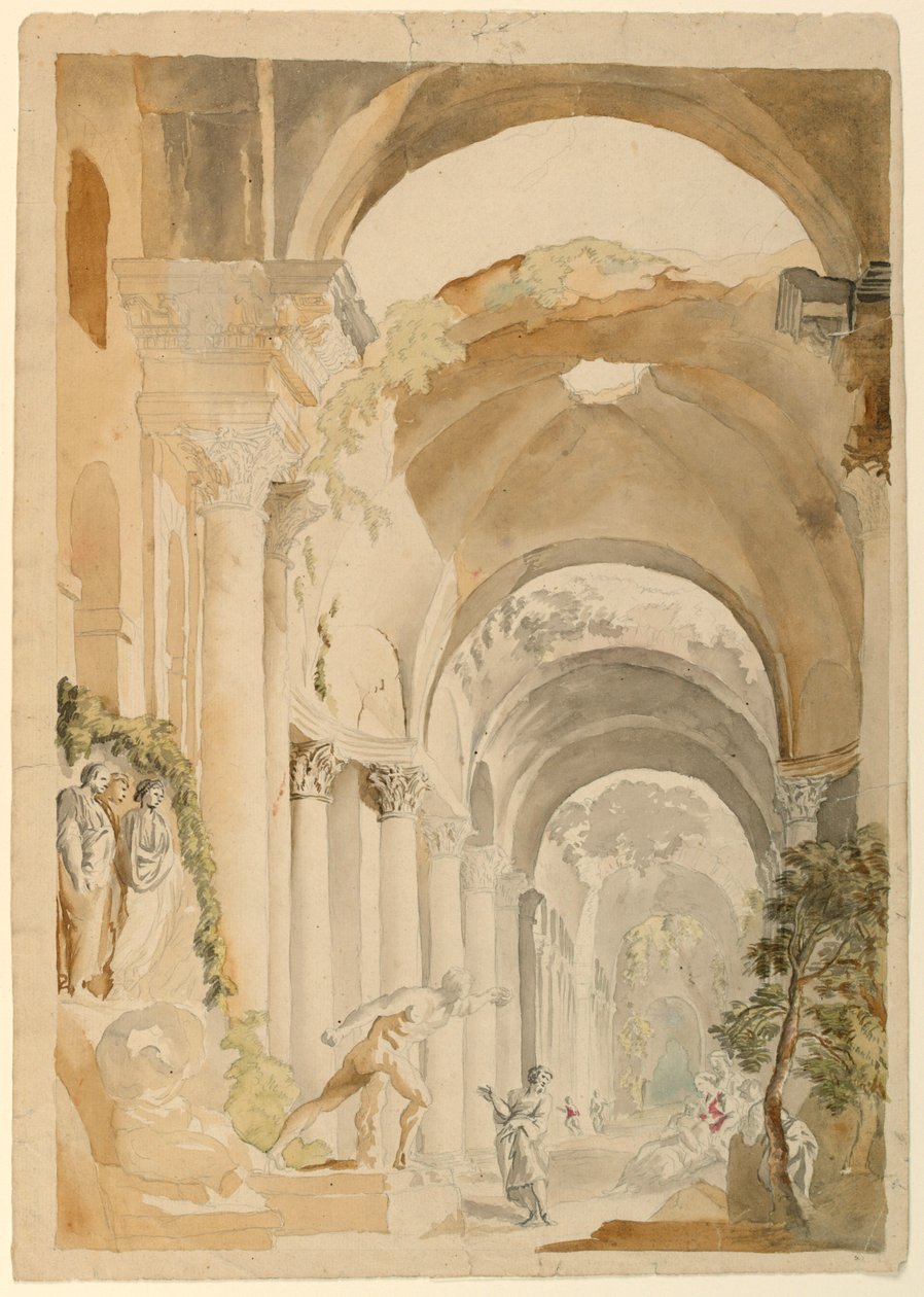 Dessin, Ruines romaines avec personnages, vers 1745 - Giovanni Paolo Panini
