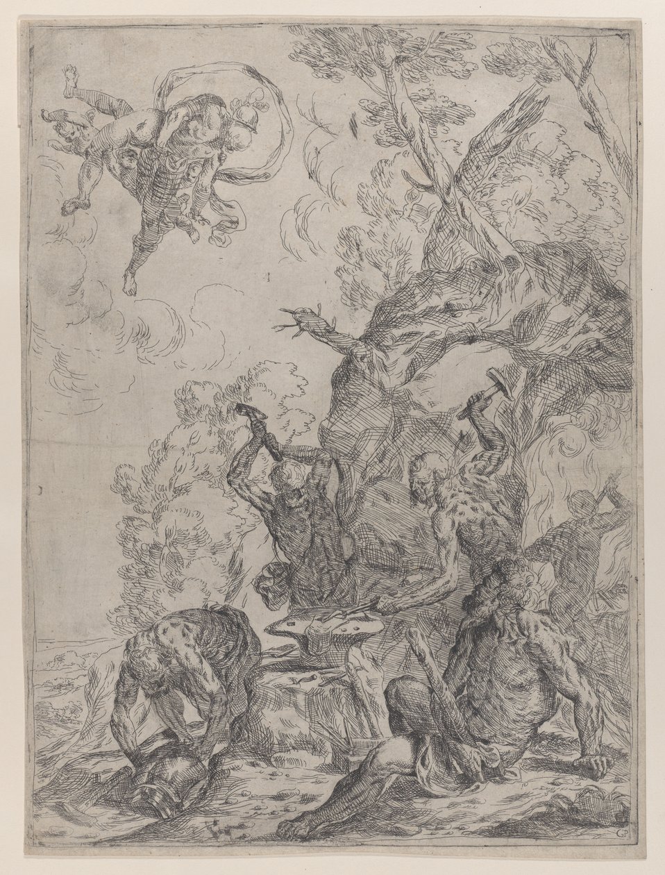 La forge de Vulcain avec des forgerons frappant une enclume avec des marteaux..., 1640-59 - Giovanni Pietro Possenti