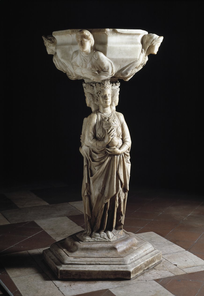 Bénitier au pilier décoré des trois vertus théologales et à la cuve décorée des bustes des quatre vertus cardinales, 13ème siècle - Giovanni Pisano