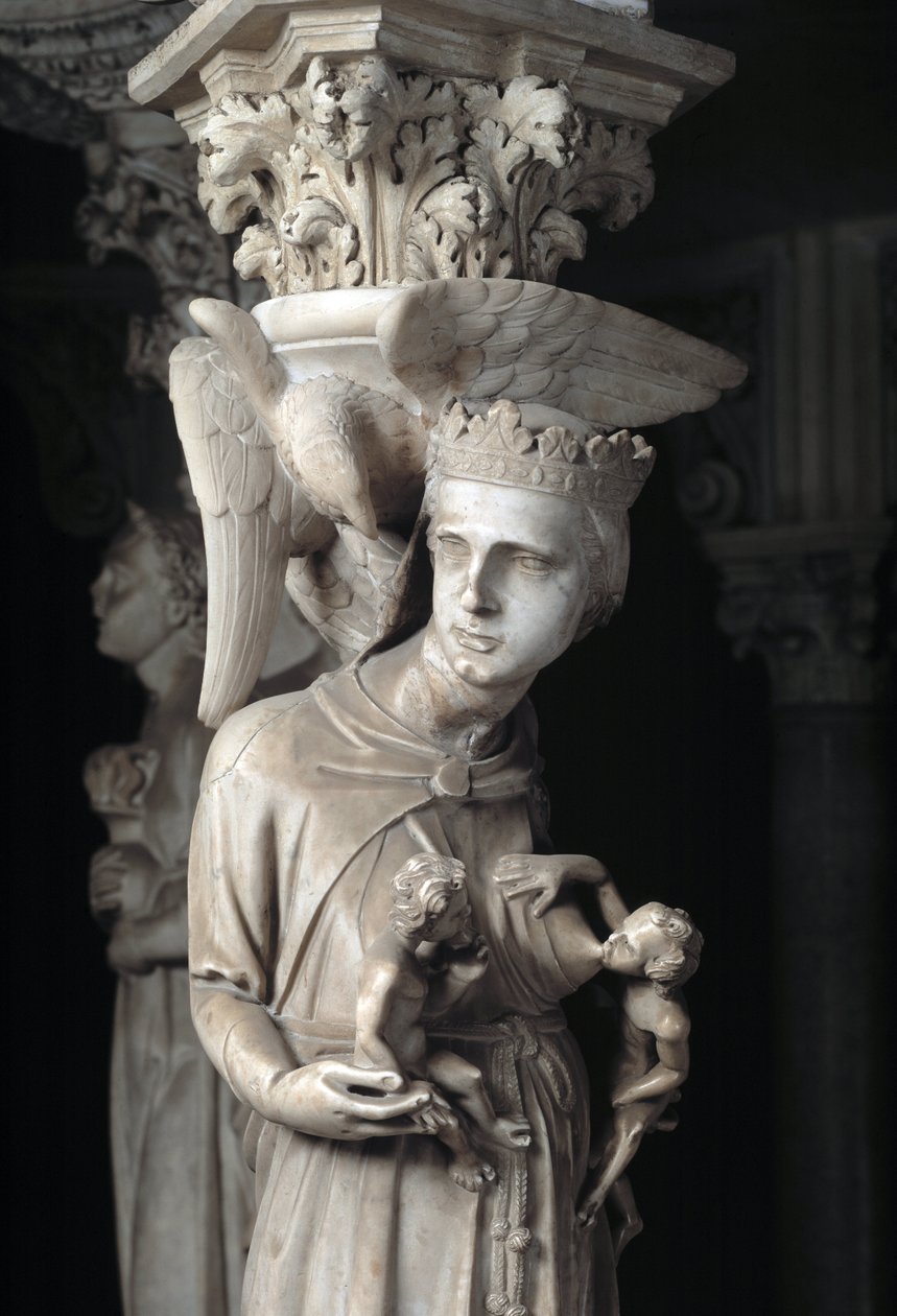 Détail des groupes sculptés soutenant la chaire réalisée par Giovanni Pisano : l
