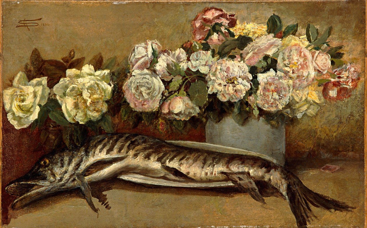 Nature morte avec fleurs et poisson ou Brochet et roses - Giovanni Segantini