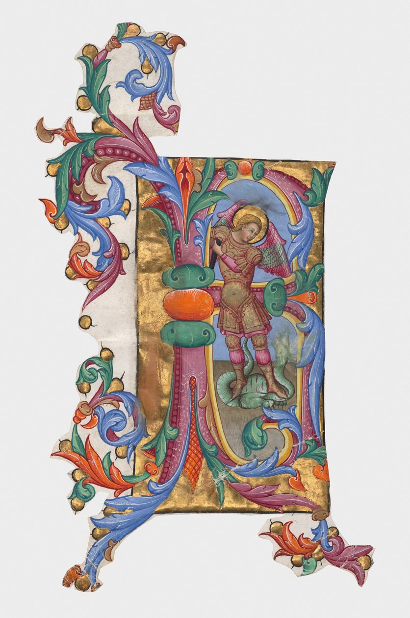 Initiale R oder B: Heiliger Michael und der Drache, Ausschnitt aus einem Antiphonar - Giovanni di Paolo