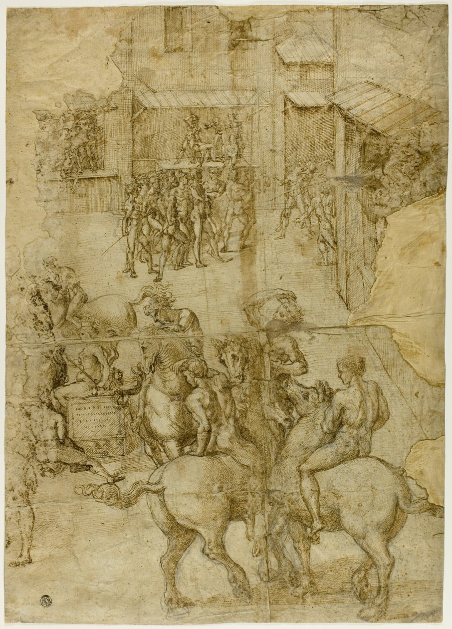 Pageant mythologique (recto); Inscriptions illisibles et études anatomiques de la tête (verso) - Girolamo Genga