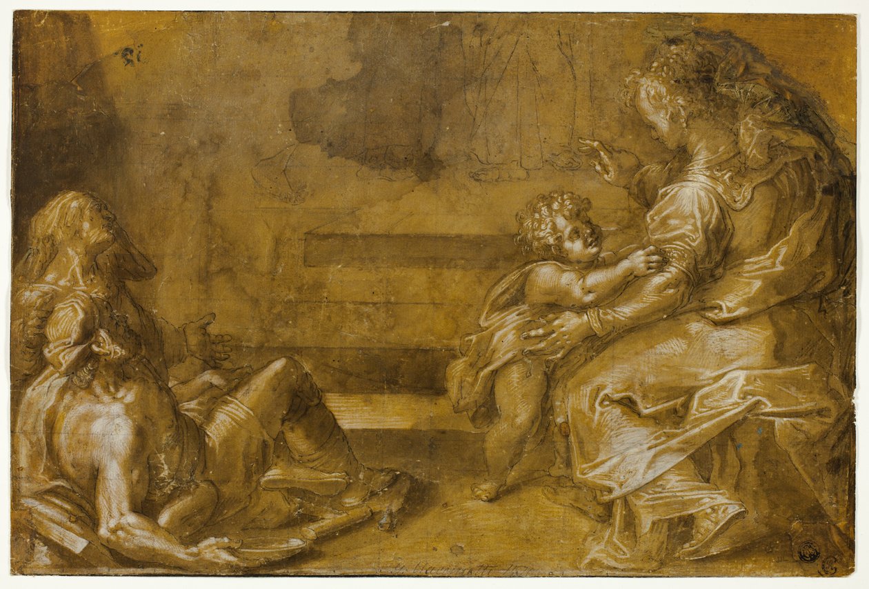 Deux mendiants allongés, et mère et enfant assis, au pied des marches - Girolamo Macchietti