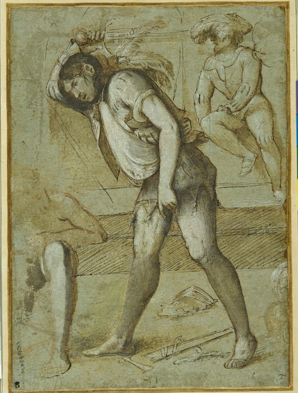 Un bourreau sur le point de décapiter un saint barbu (encre brune et lavis avec couleur blanche sur papier) - Girolamo Romanino