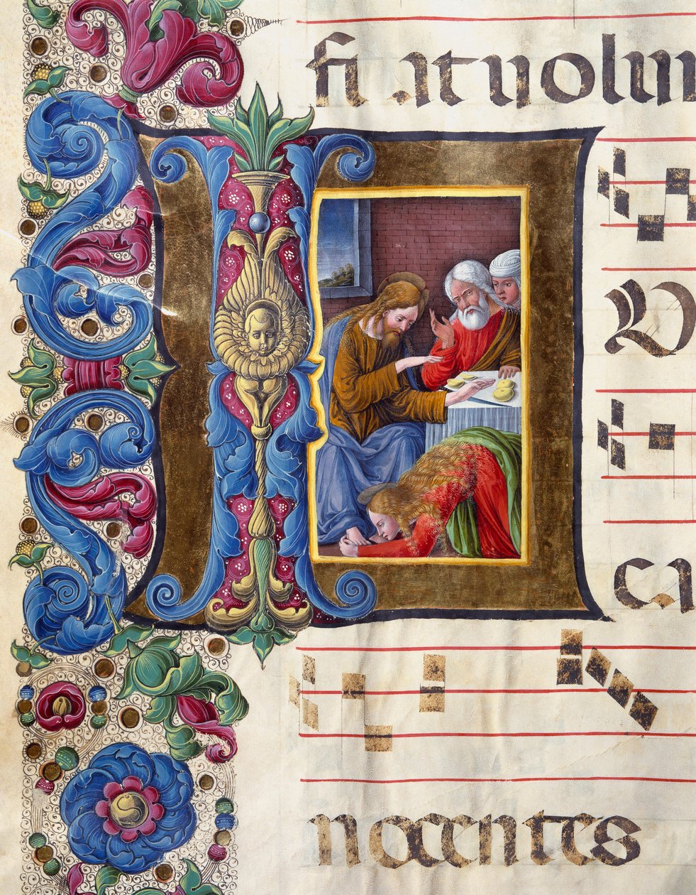 Lettrine décorée représentant Marie-Madeleine aux pieds de Jésus. Miniature par Girolamo da Cremona (actif vers 1451-1483) et Liberale da Verona (1445-1529) d