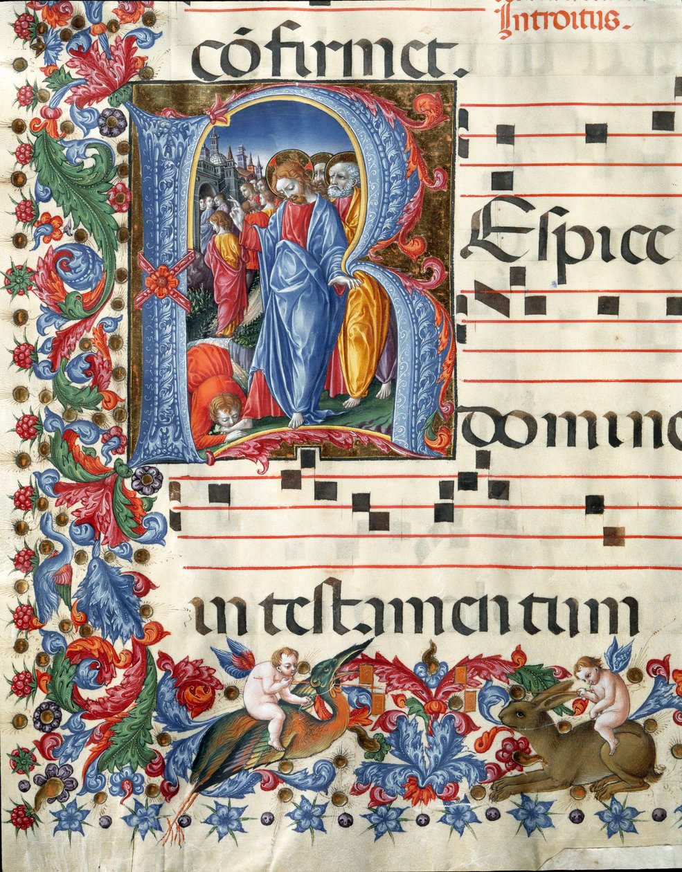 Lettrine décorée représentant le Christ et le lépreux. Miniature par Girolamo da Cremona (actif vers 1451-1483) et Liberale da Verona (1445-1529) d
