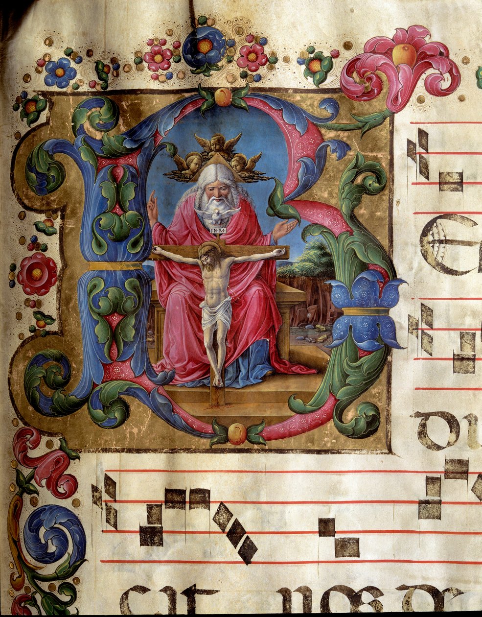 Lettrine B décorée représentant la Sainte Trinité (Trône de Grâce) Dieu, Jésus-Christ et la colombe du Saint-Esprit. Miniature de Girolamo da Cremona d