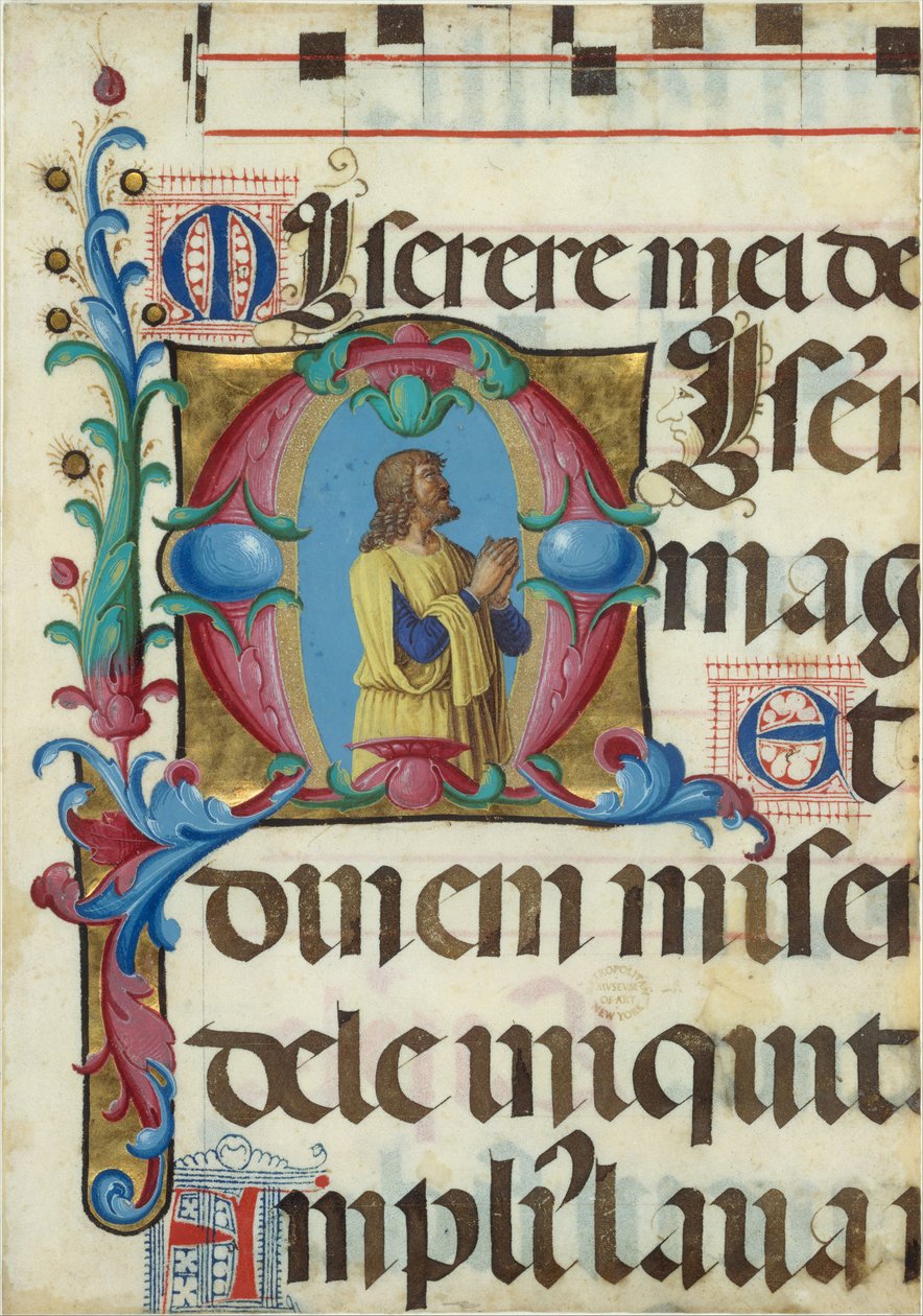 Enluminure de manuscrit avec David en prière dans une initiale M, d