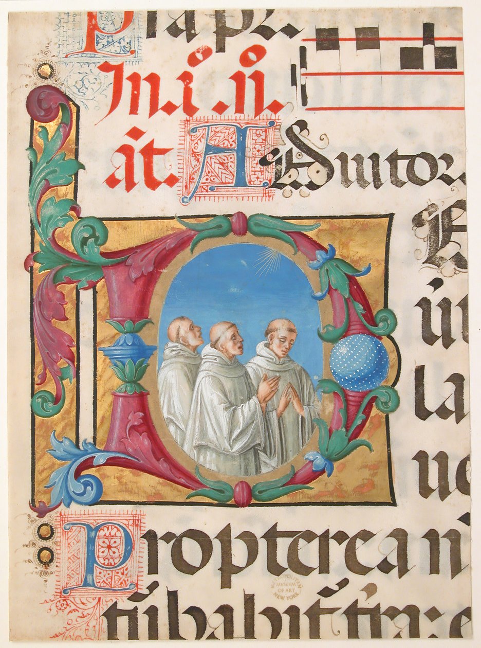 Enluminure de manuscrit avec des moines chantant dans une initiale D, d