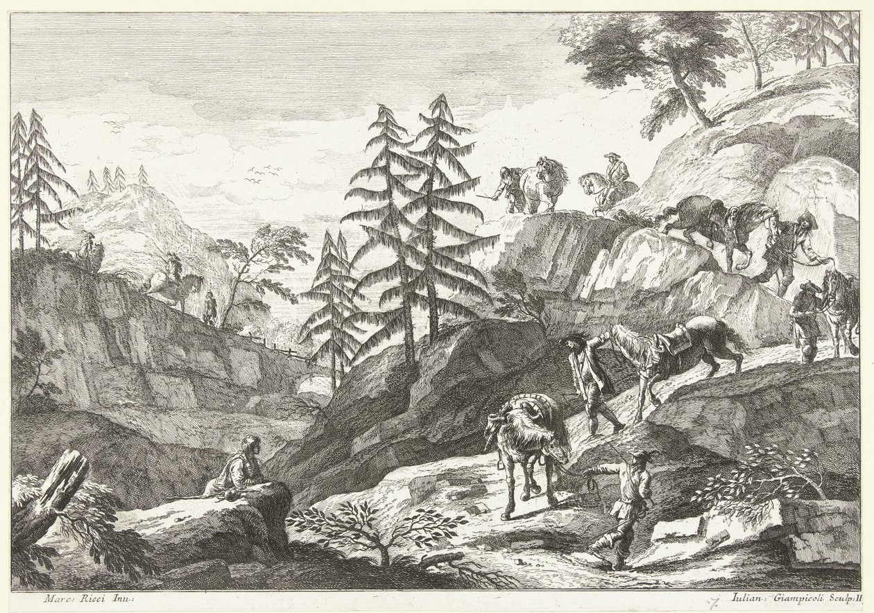 Paysage de montagne avec cavaliers menant des chevaux en descente sur un chemin (Italiaanse landschappen) - Giuliano Giampiccoli