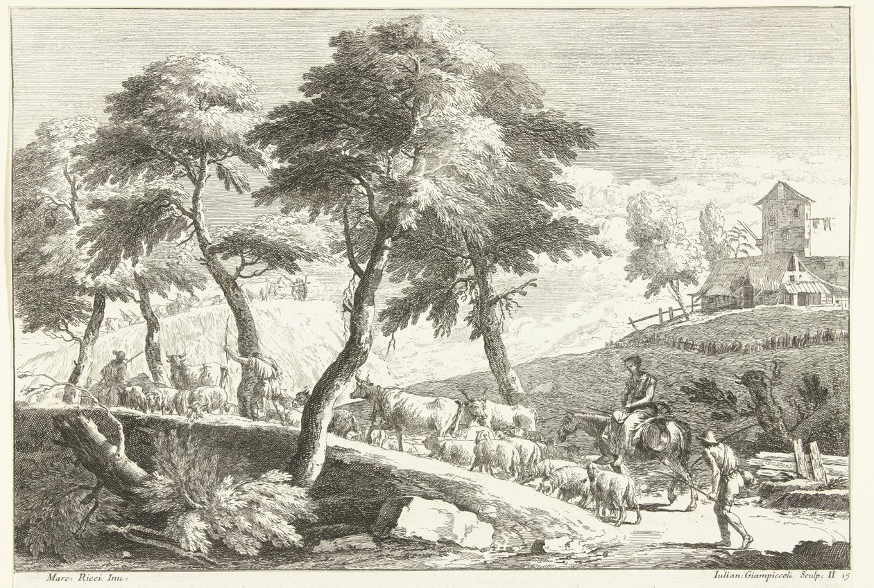 Paysage vallonné avec bergers et bétail - Giuliano Giampiccoli