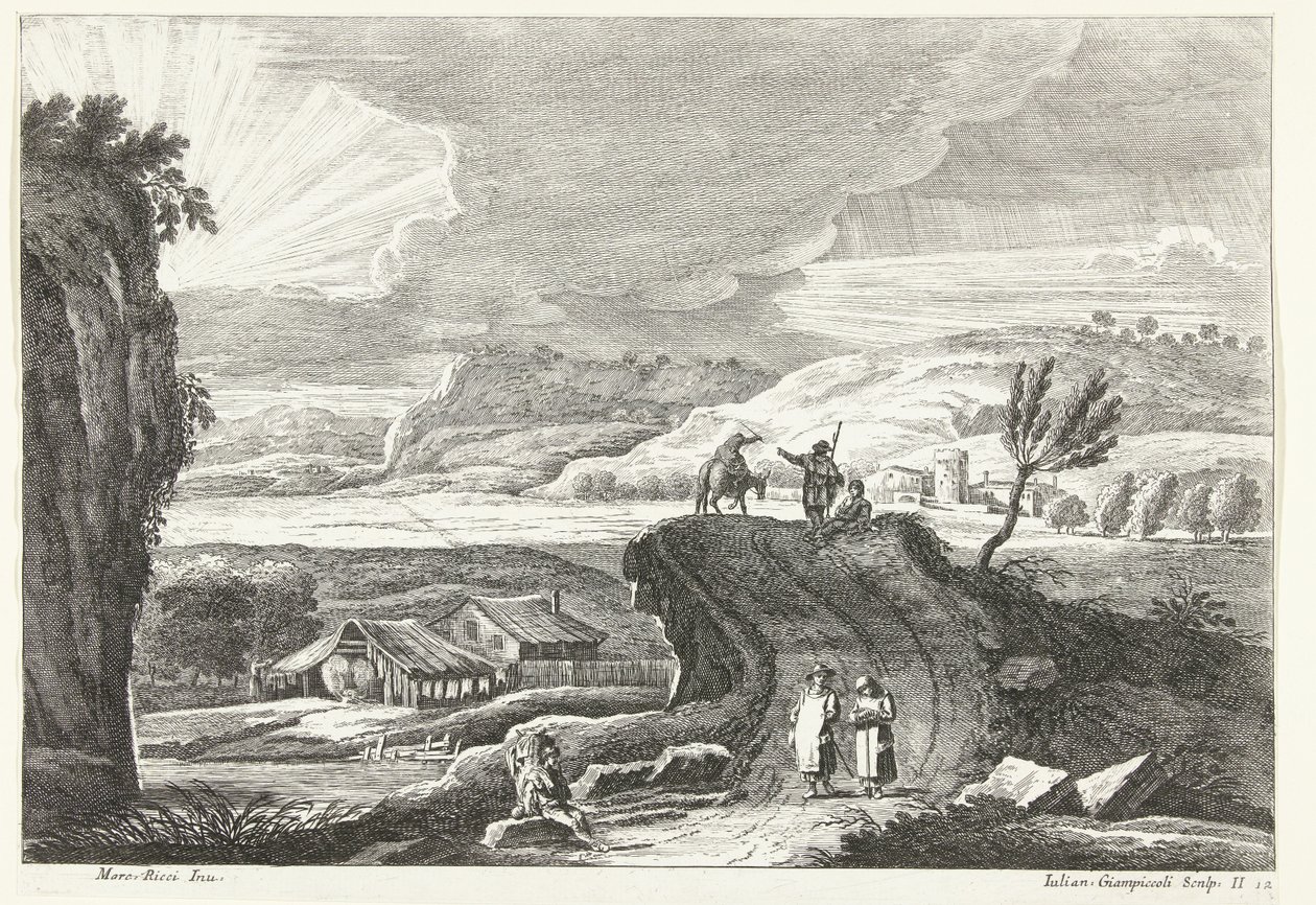 Paysage vallonné avec pèlerins en route et coucher de soleil - Giuliano Giampiccoli