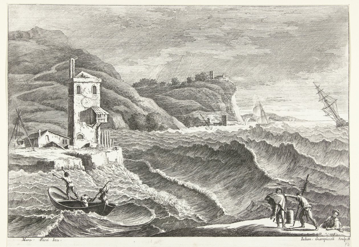 Paysage côtier avec tempête en mer et phare - Giuliano Giampiccoli
