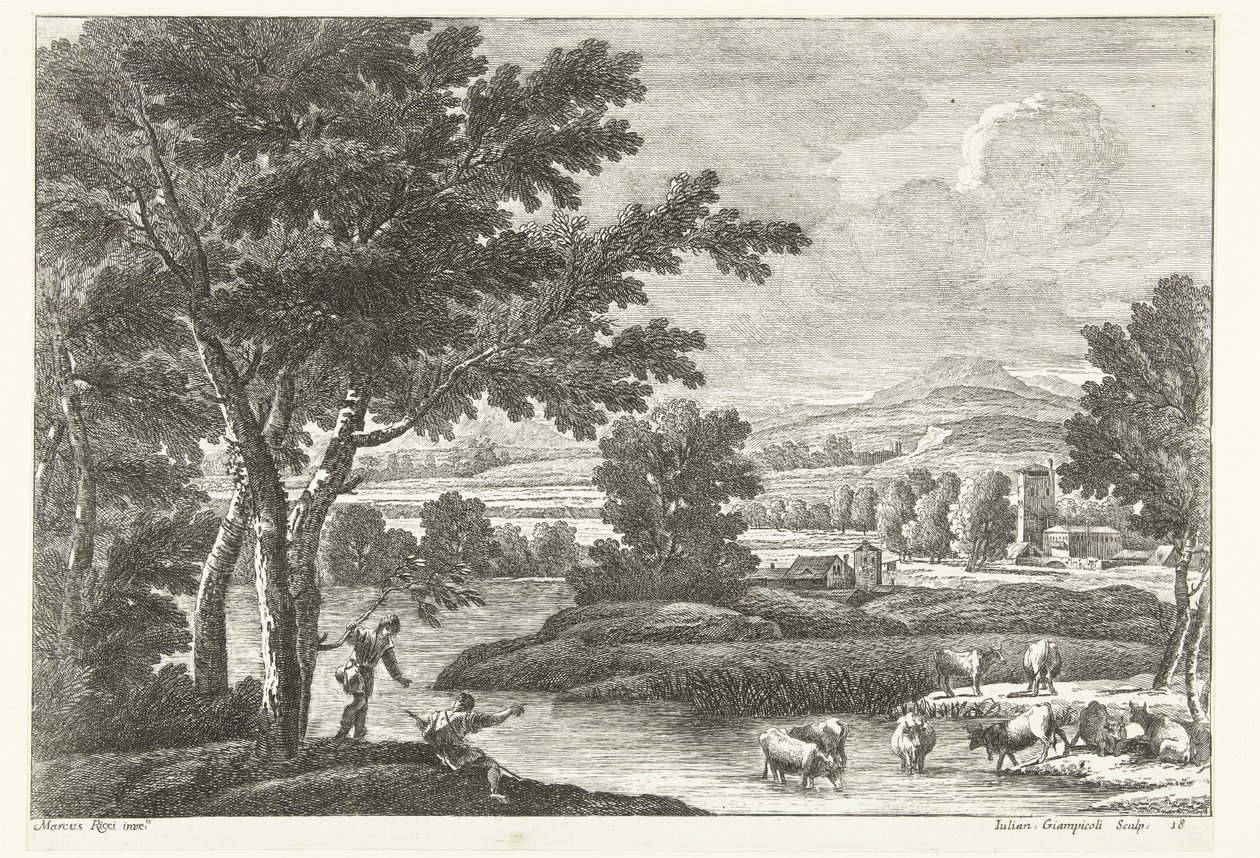 Paysage avec bergers et bétail près de l
