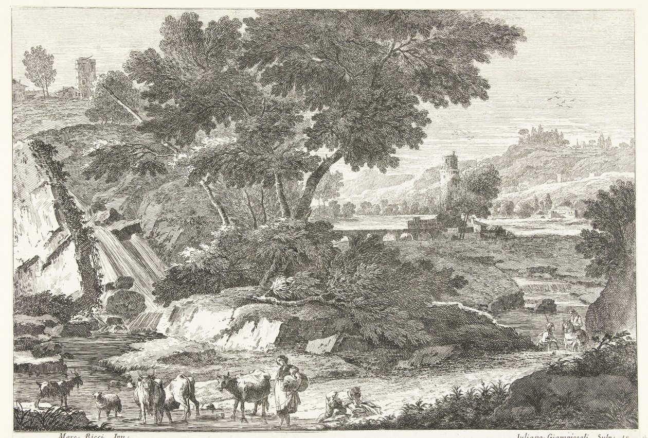 Paysage avec bergers et bétail près d