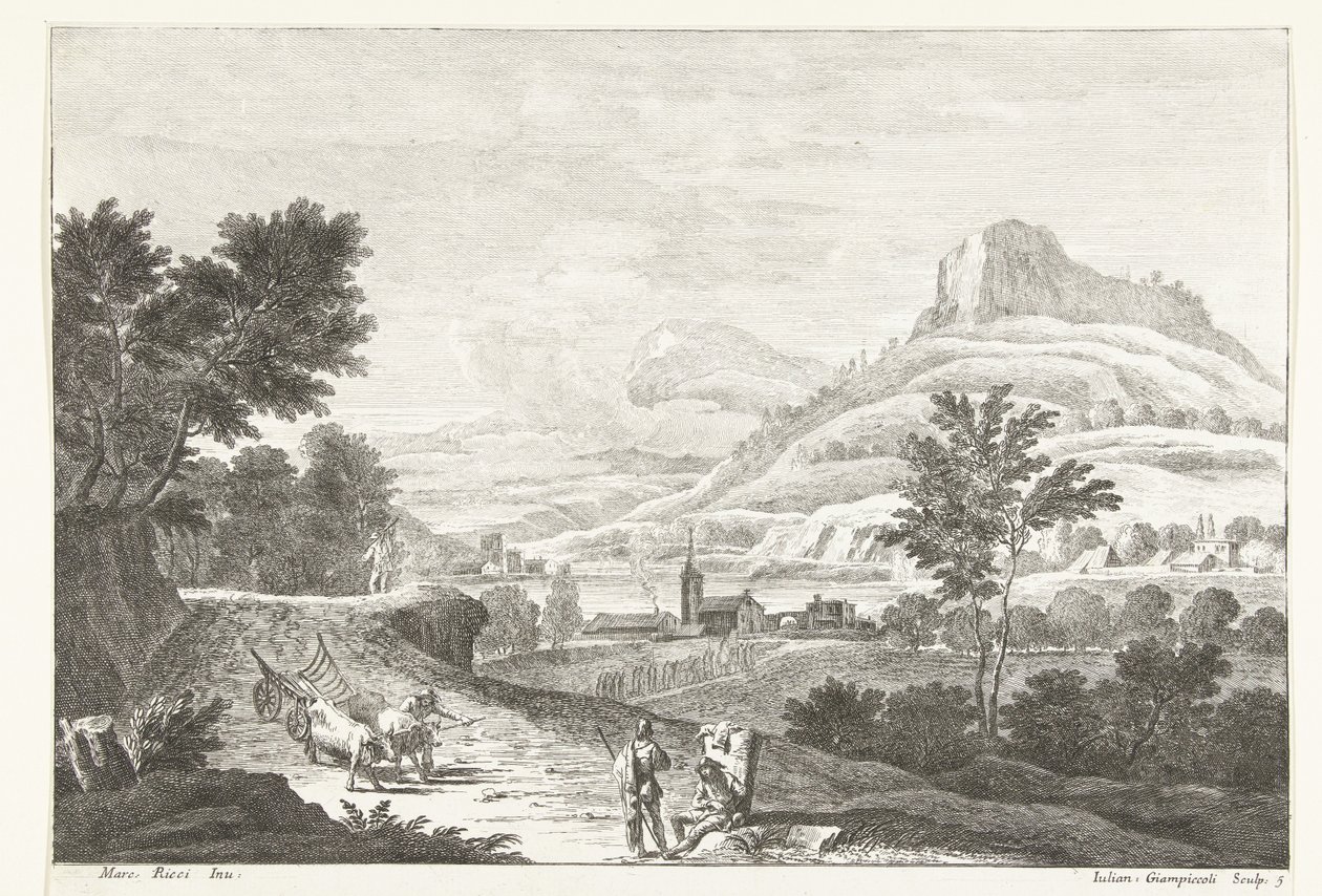 Paysage avec charrette à bœufs et funérailles - Giuliano Giampiccoli