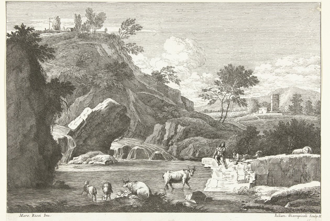 Paysage avec deux bergers et du bétail près de l