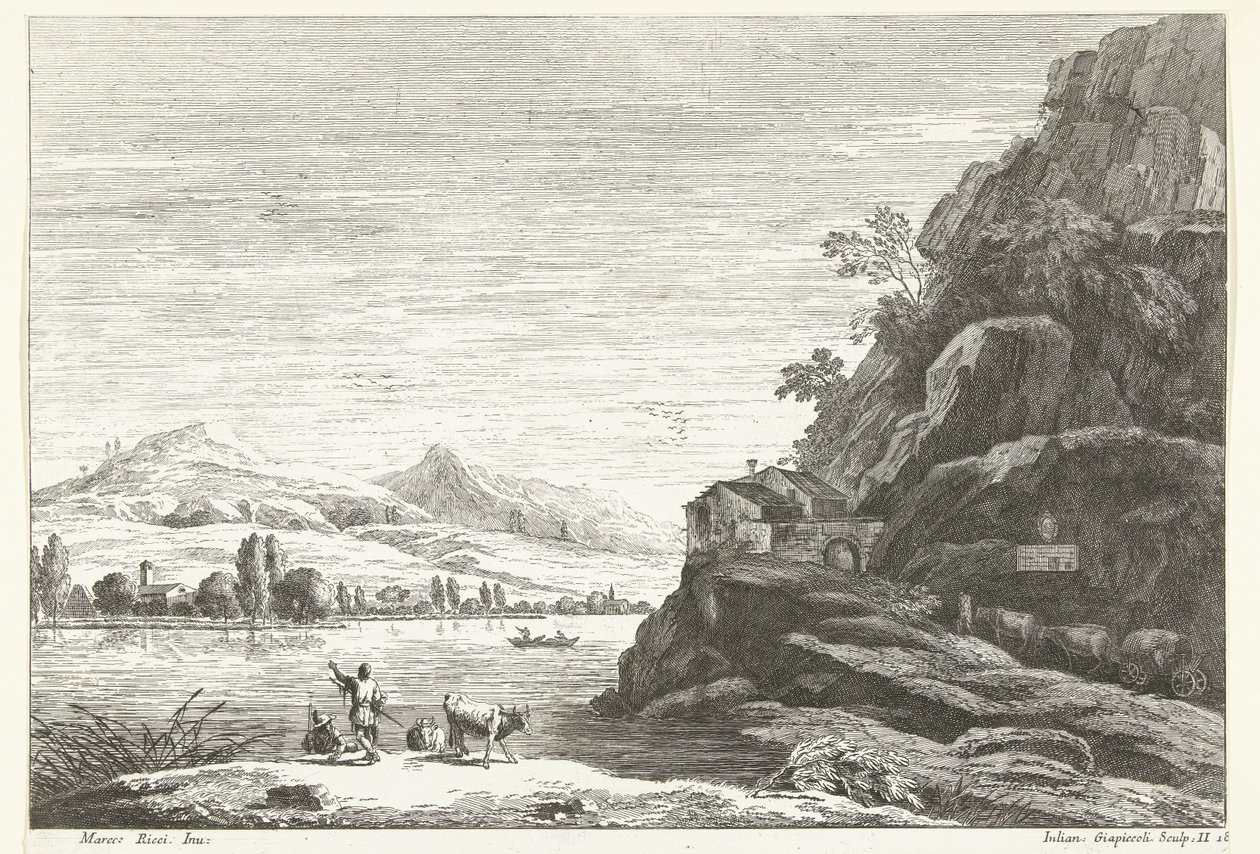 Paysage fluvial avec maison contre un rocher (Italiaanse landschappen) - Giuliano Giampiccoli