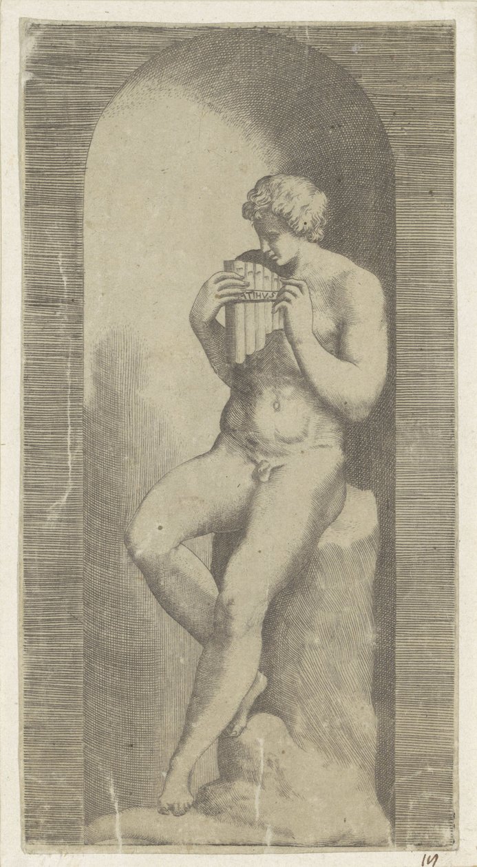 Homme nu avec flûte de Pan dans une niche - Giulio Bonasone (possibly)