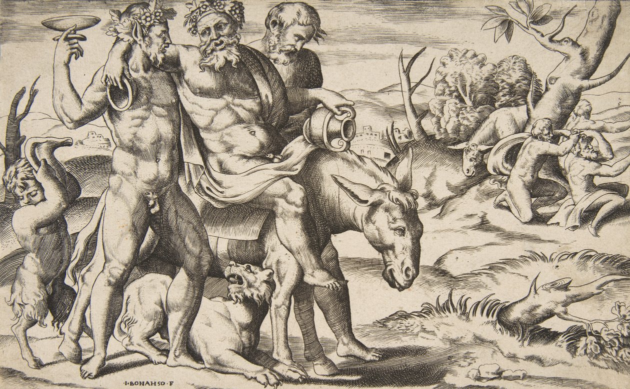 Un Silène ivre chevauchant un âne soutenu par des satyres, 1531-76 - Giulio Bonasone