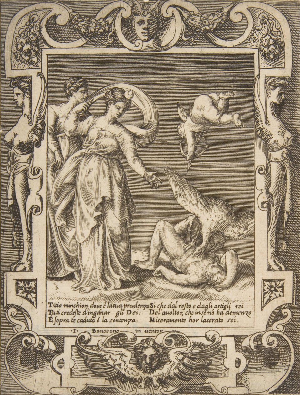 Un vautour mangeant les entrailles de Titius, Cupidon au-dessus de deux femmes à gauche, dans un cadre élaboré - Giulio Bonasone