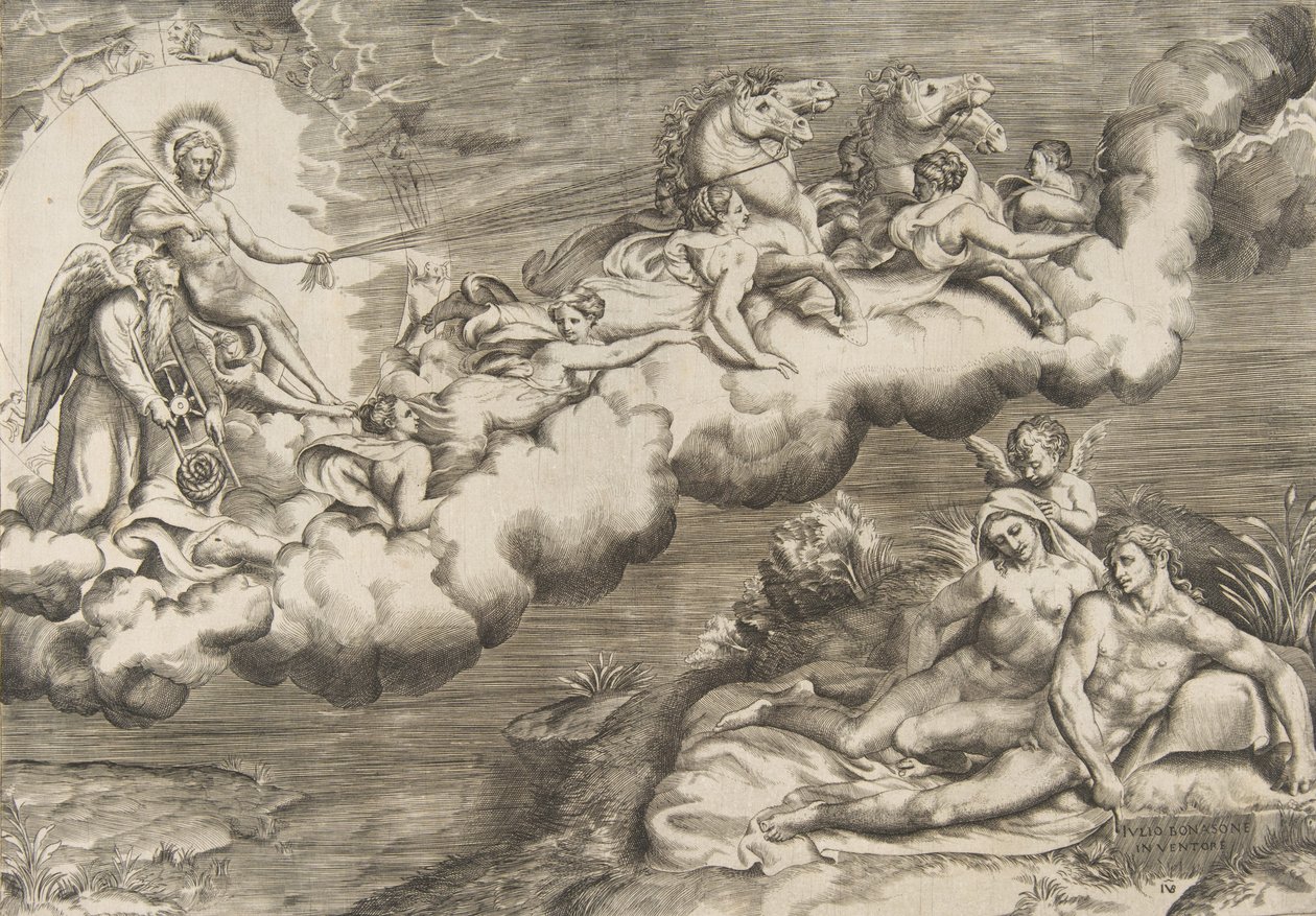 Allégorie du soleil levant, un homme nu portant un linceul et accompagné du Père Temps..., 1531-76 - Giulio Bonasone