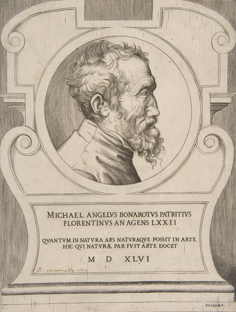 Portrait en buste de Michel-Ange tourné vers la droite, dans un cartouche - Giulio Bonasone