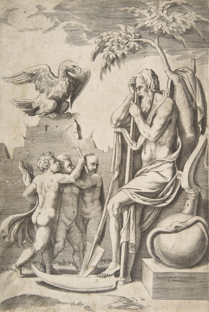 Le Temps à droite appuyé sur une faux, trois garçons nus et un aigle à gauche, 1531-76 - Giulio Bonasone