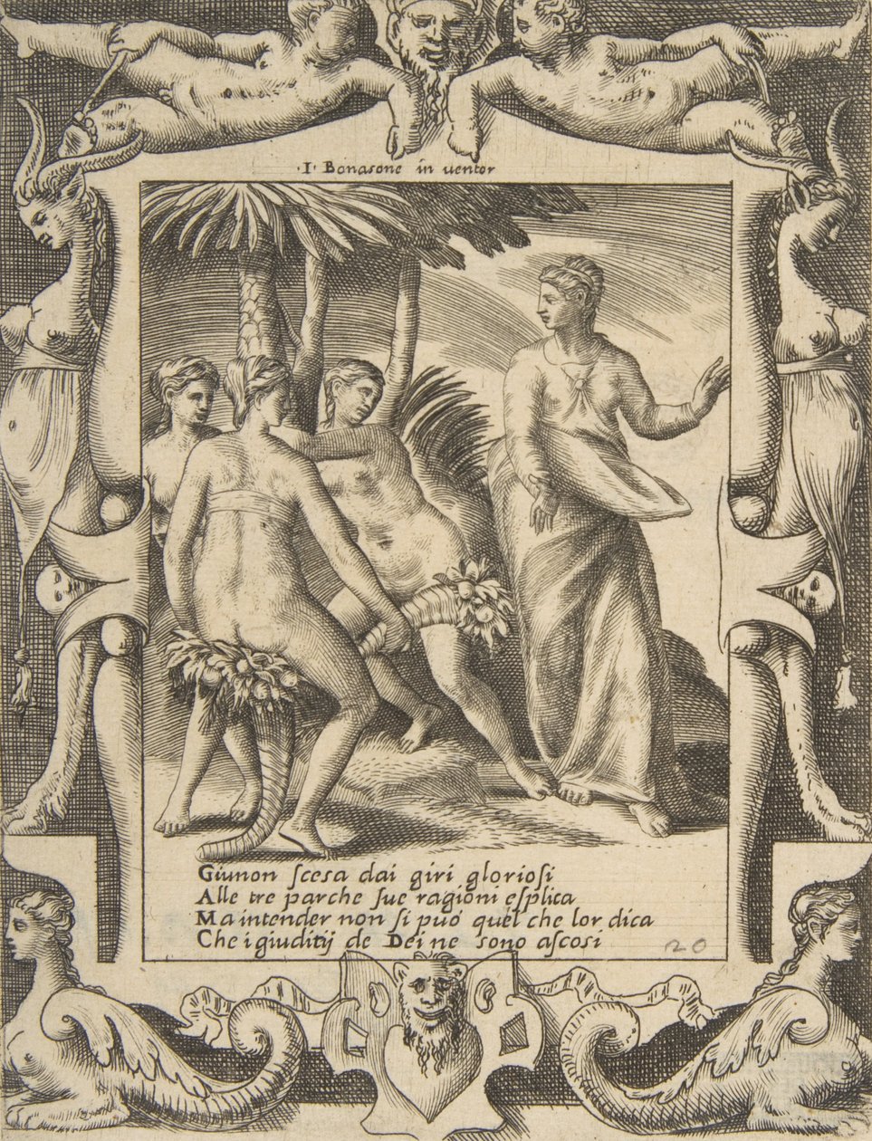 Junon à droite se tournant et parlant aux Parques, dans un cadre élaboré, vers 1531-76 - Giulio Bonasone
