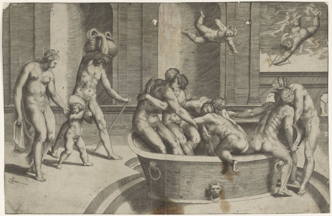 Hommes et femmes dans une grande baignoire - Giulio Bonasone