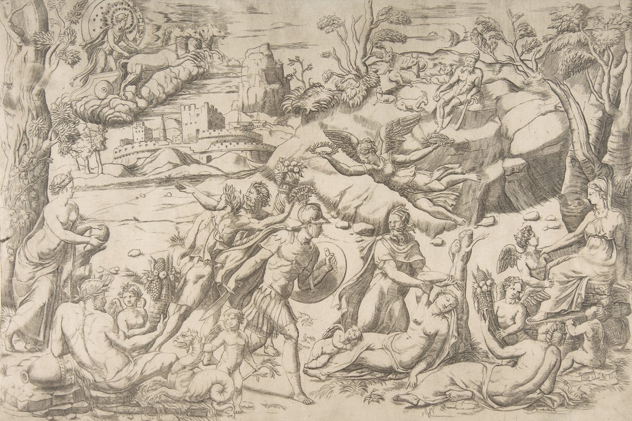 Mars et Rhéa Silvia : au centre Mars tient un bouclier et une épée, Rhéa Silvia dort..., vers 1531-76 - Giulio Bonasone