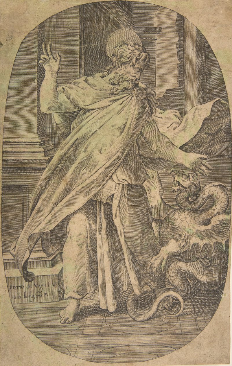Saint Paul surmontant la vipère, dans un cadre architectural, une composition ovale - Giulio Bonasone