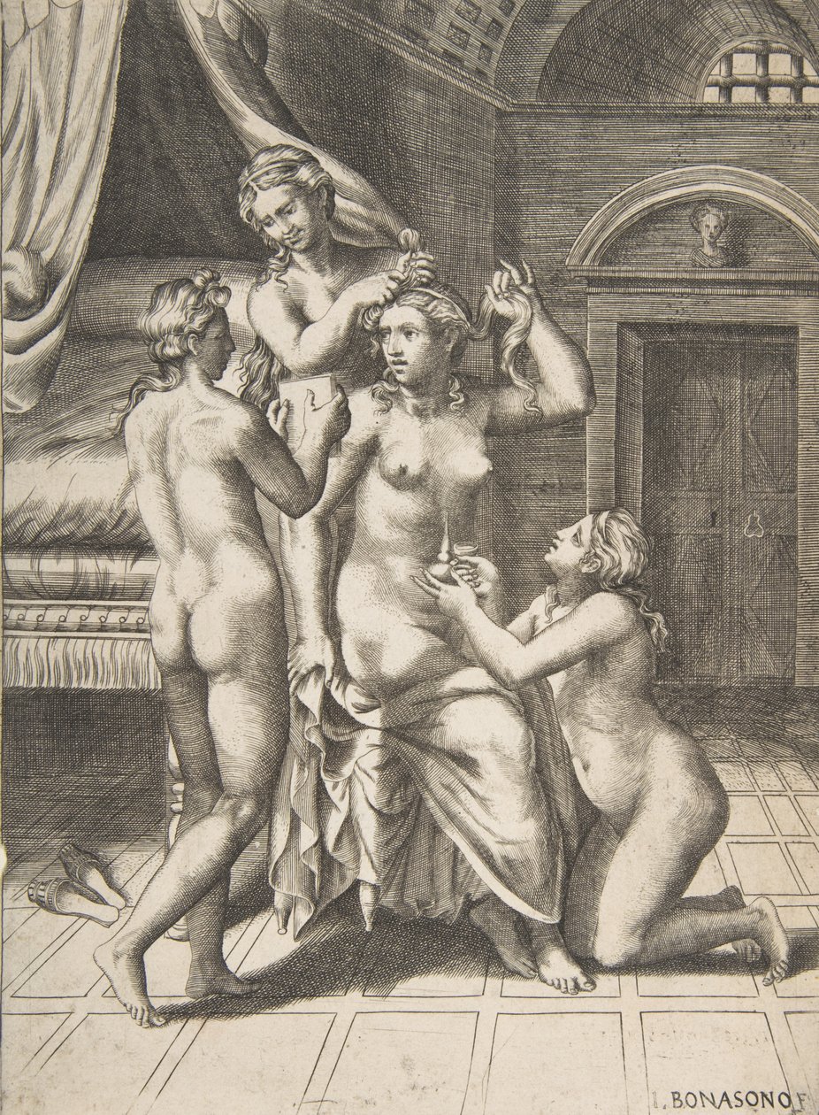 La toilette de Psyché qui est assise au centre et se fait coiffer - Giulio Bonasone