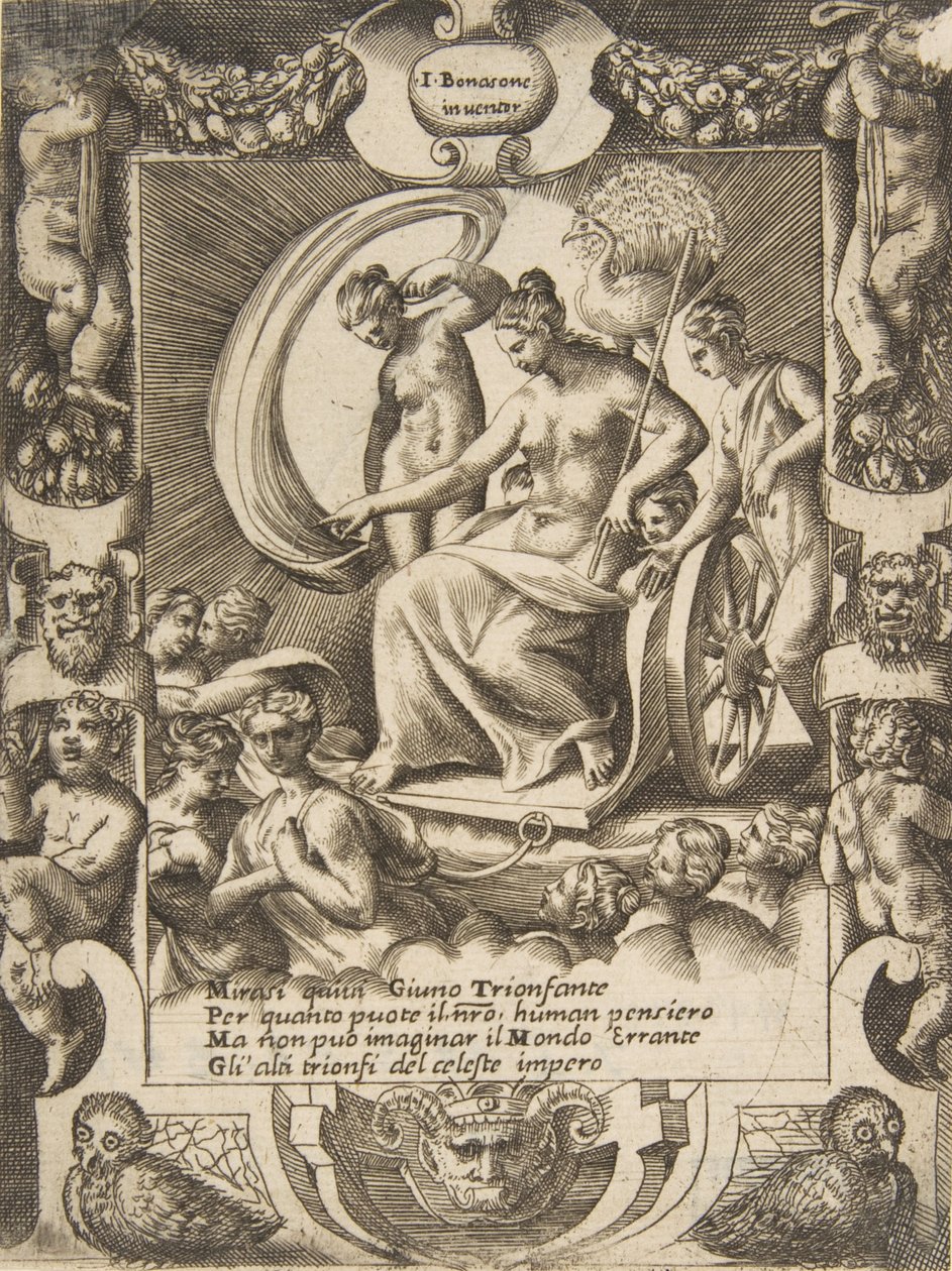 Le triomphe de Junon assise dans un char, dans un cadre élaboré - Giulio Bonasone