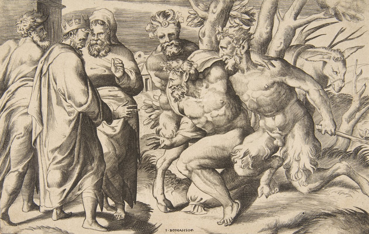 Deux satyres apportant Silène, le roi Midas debout à gauche, 1531-76 - Giulio Bonasone