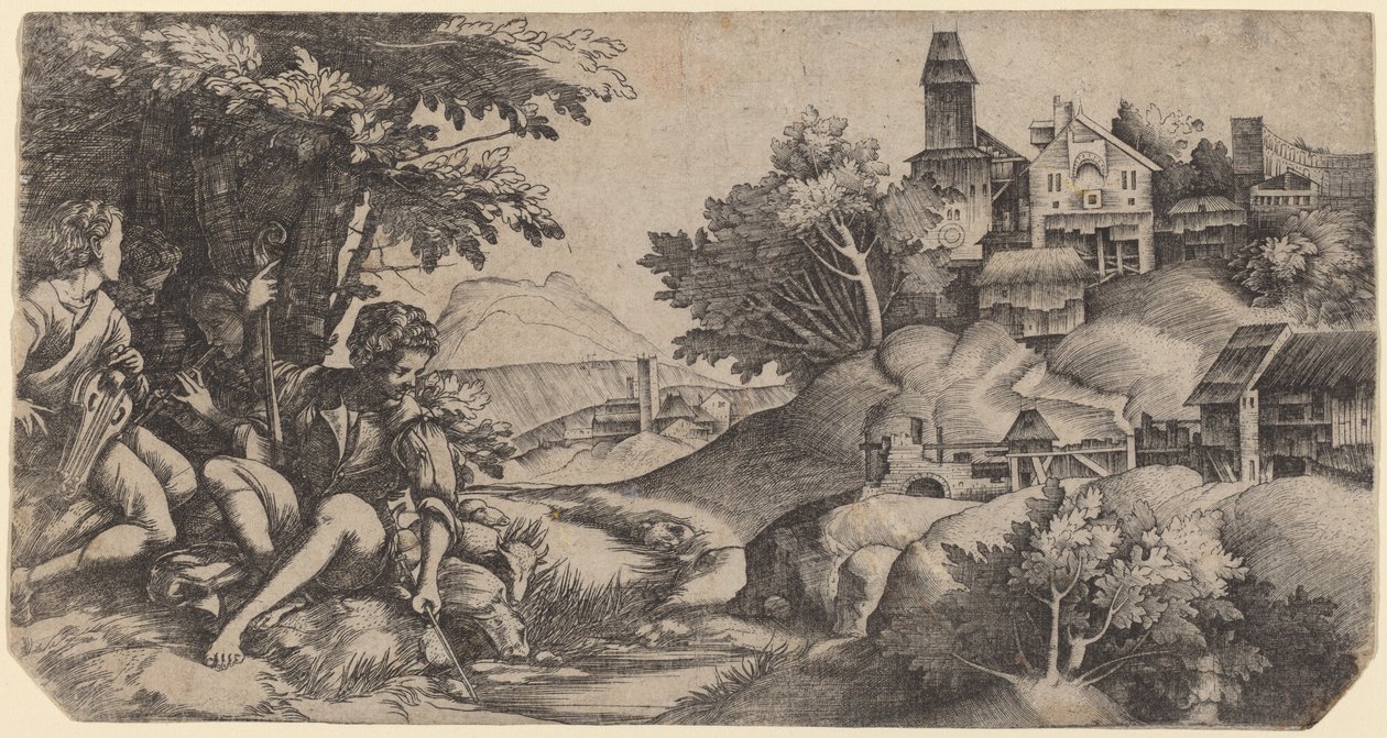 Bergers dans un paysage - Giulio Campagnola and Domenico Campagnola