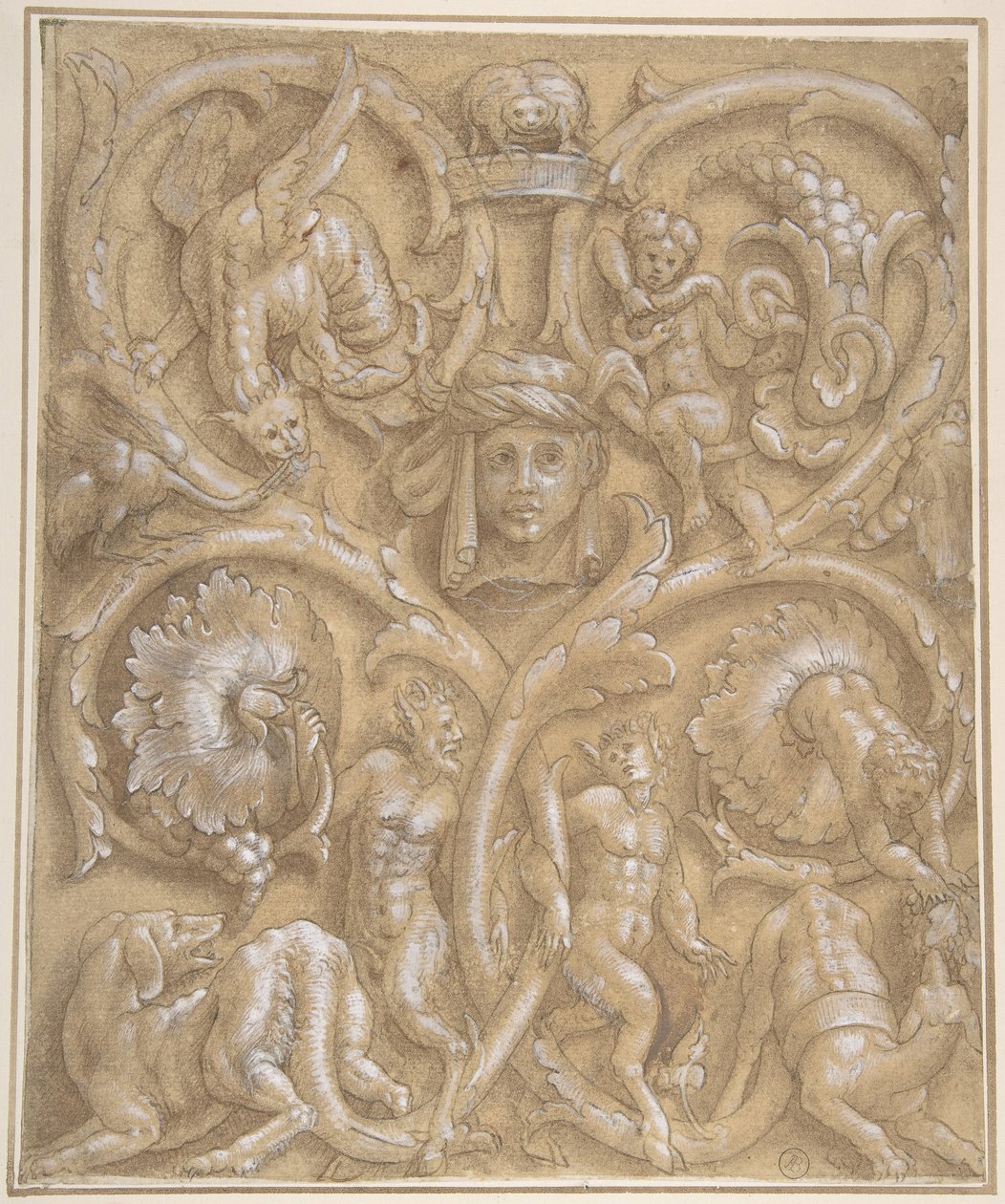 Conception pour un panneau ornemental avec rinceaux, satyres, putti, monstres et une tête humaine, 1535-45 - Giulio Campi.