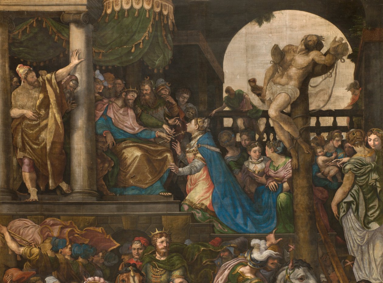 Mur en face de la contre-façade du transept sud, Giuseppe Campi, Triomphe de Mardochée 1567, (détail) - Giulio Campi