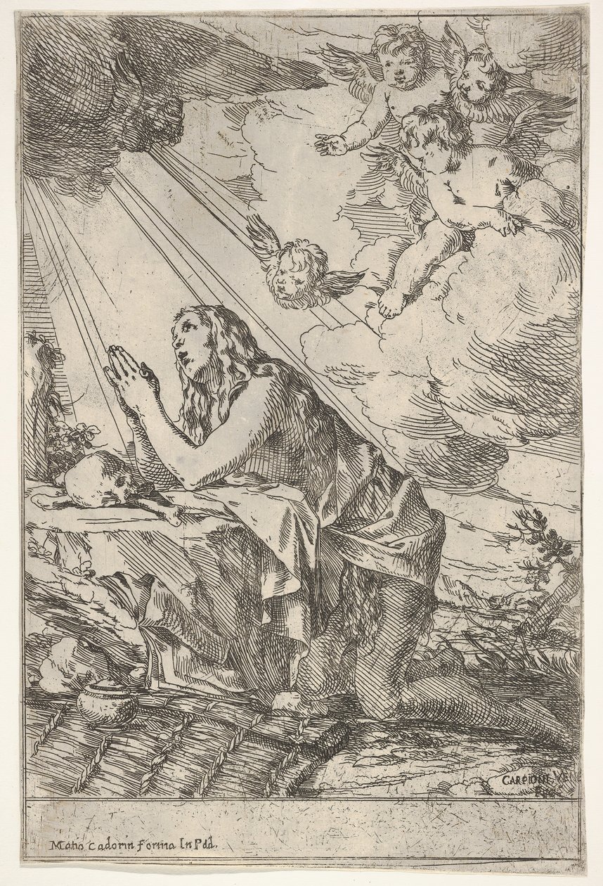 Madeleine pénitente agenouillée sur un sol rocheux devant un crâne et des os, une pommade..., vers 1640-55 - Giulio Carpioni