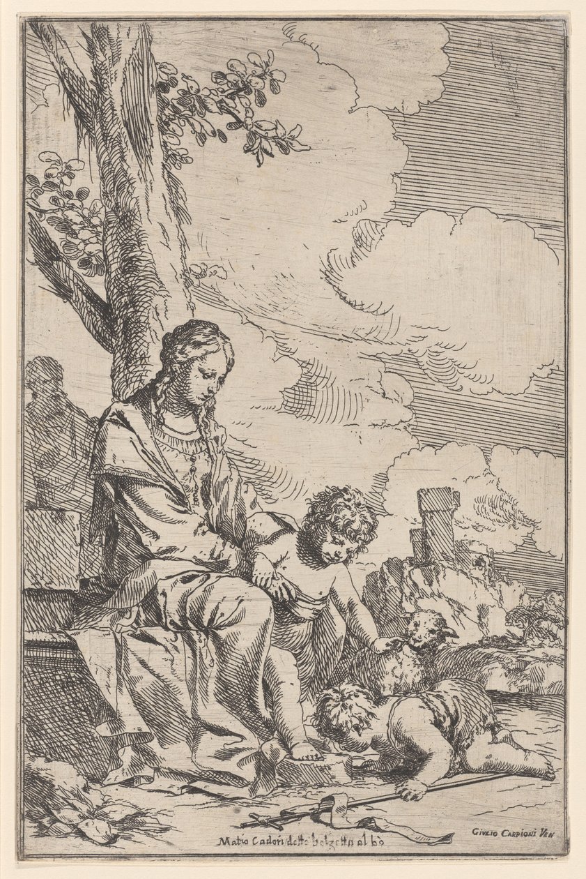 La Sainte Famille avec le jeune Saint Jean embrassant les pieds du Christ - Giulio Carpioni