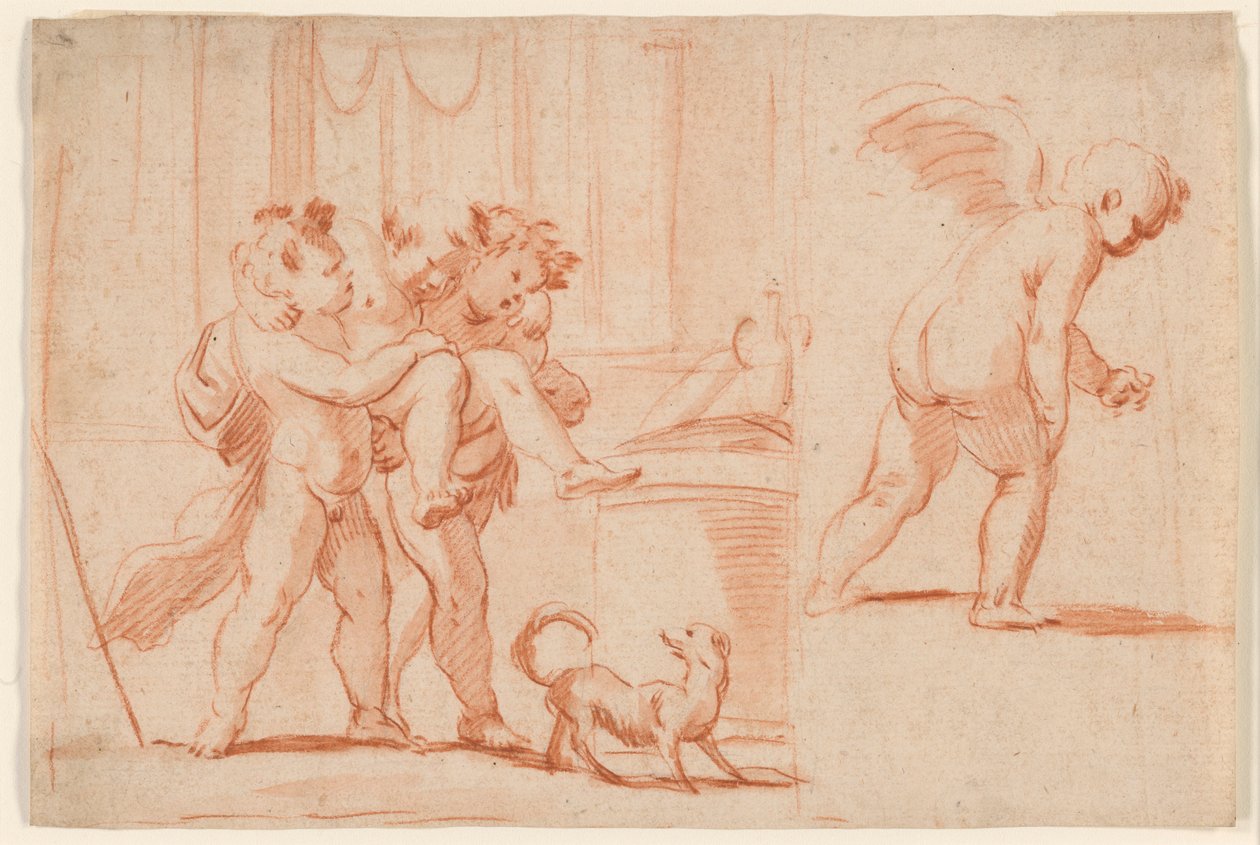 Deux putti portant un troisième putto; un autre putto de dos - Giulio Carpioni