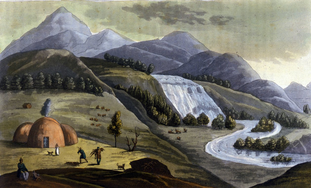 Paysage de Laponie (territoires appartenant à la Norvège, la Suède, la Finlande et la Russie), habitations des indigènes (Sami) dans « Le costume ancien et moderne » par Ferrario, éd. Milan - Giulio Ferrario